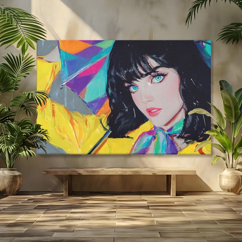 Tablou canvas cu pictura cu femeie bruneta si umbrela colorata, fara rama, pe sasiu de lemn